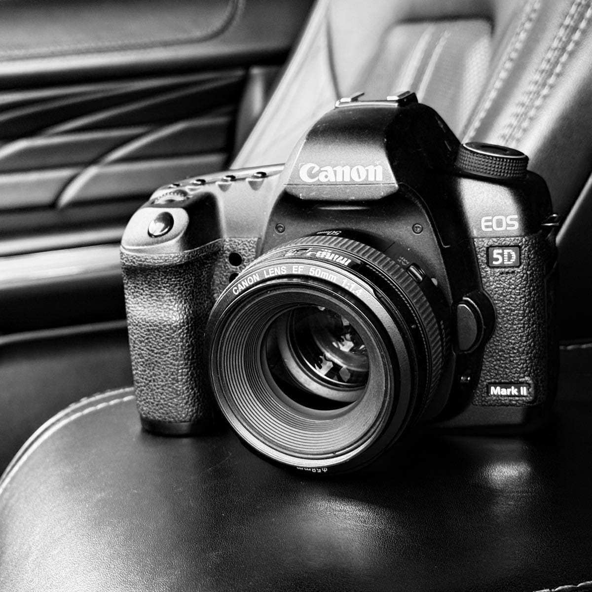 Black-and-white photo of a Canon EOS 5D Mark II camera resting on a black leather car seat